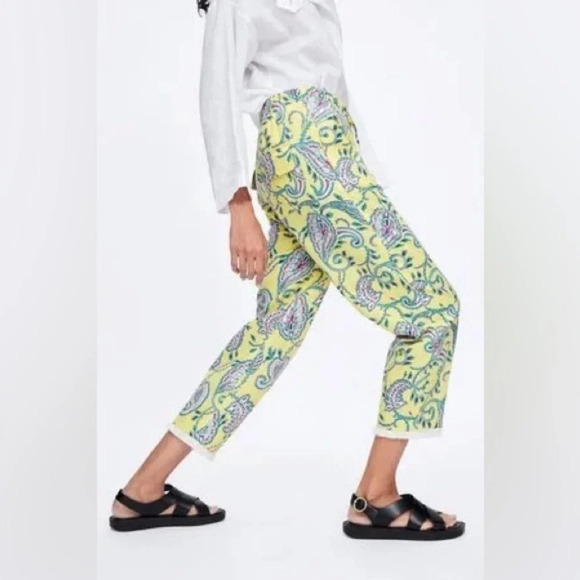 Zara paisley print linen cotton blend high waist pull on drawstrings yellow SX S - Picture 10 of 13